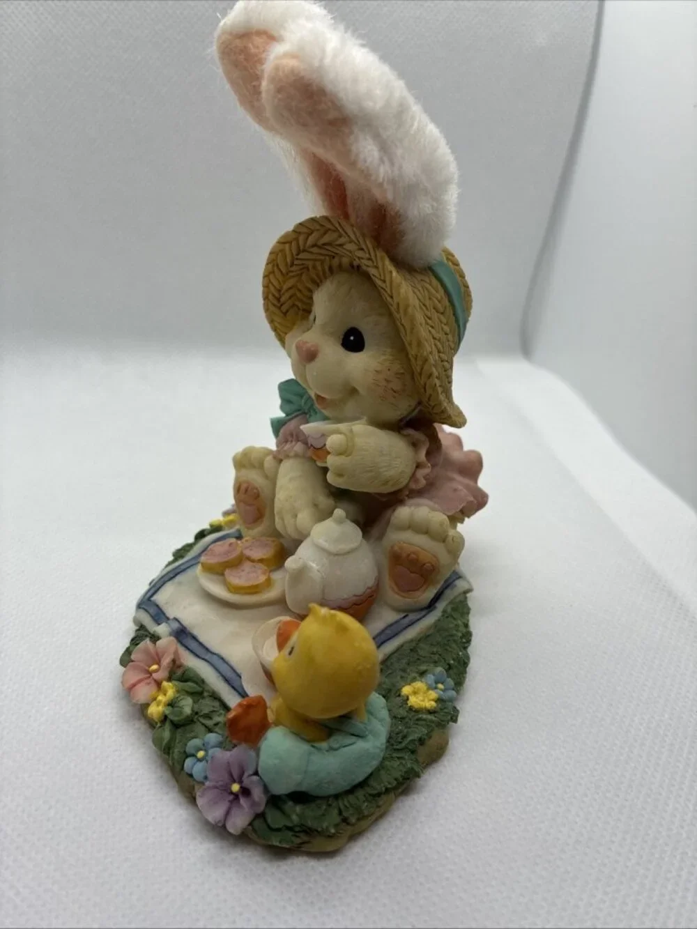 Vintage Easter Bunny Tea Party Figurine Chick Picnic Resin Decor Fuzzy Ears